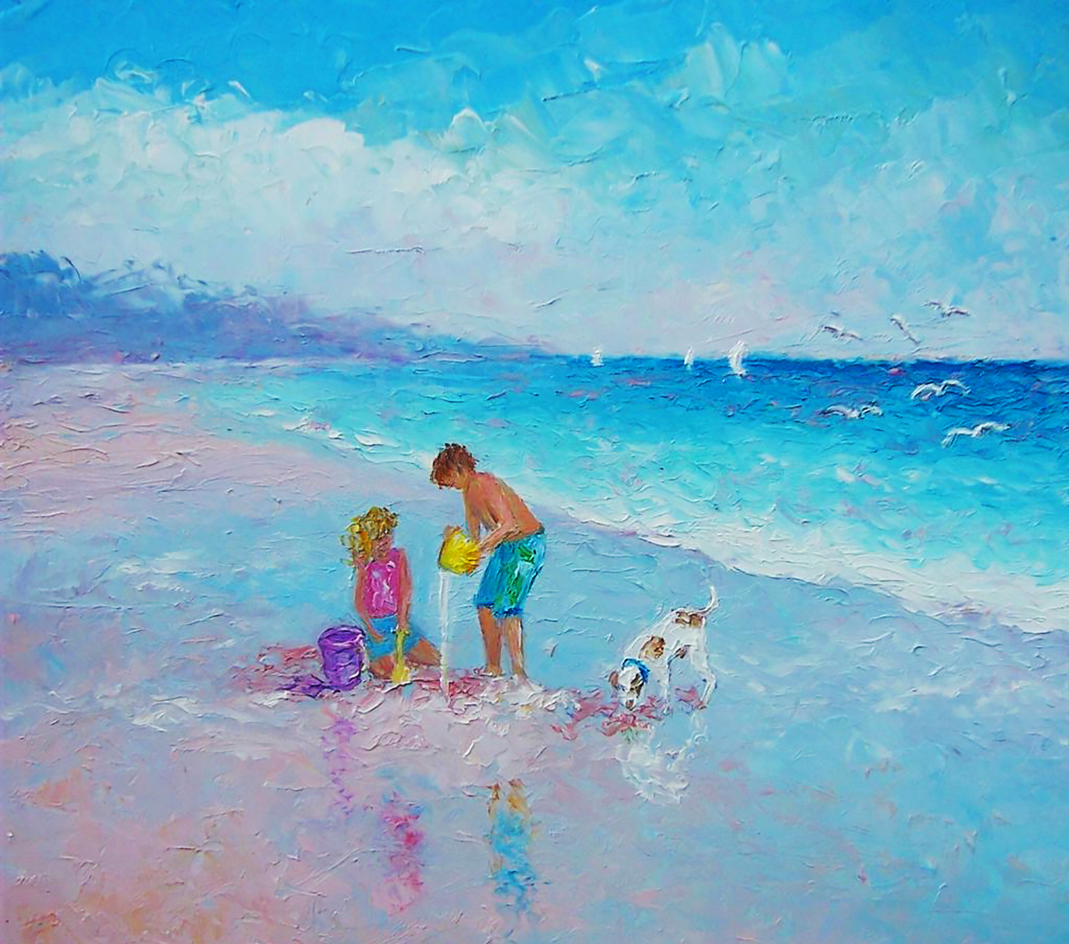 garçon et fille avec Chien sur la plage Peintures à l'huile